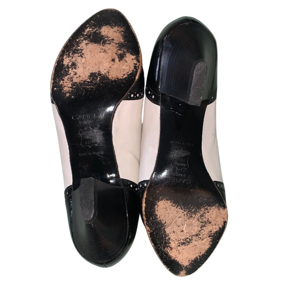 CAREL Paris Vintage Two-Tone Pumps 7 Black White Leather Low Heel Retro Shoes - Picture 6 of 11